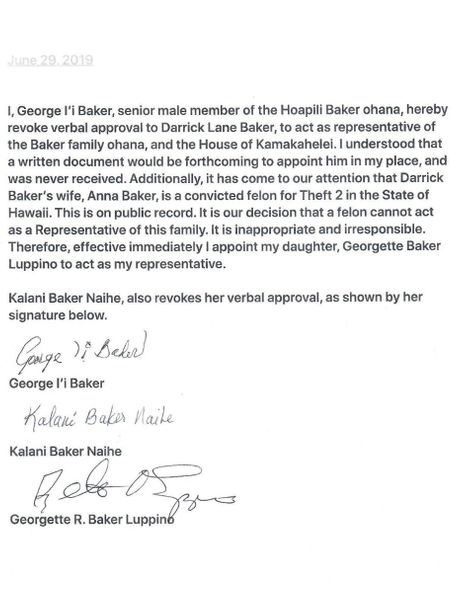 Document of Legal Revocation of Permission for Darrick Baker to act as Representative of the Royal and Ali'i Hoapili Baker Ohana, duly agreed upon by his sister Ke Ali'i Lillian Kalani (née Baker) Naihe