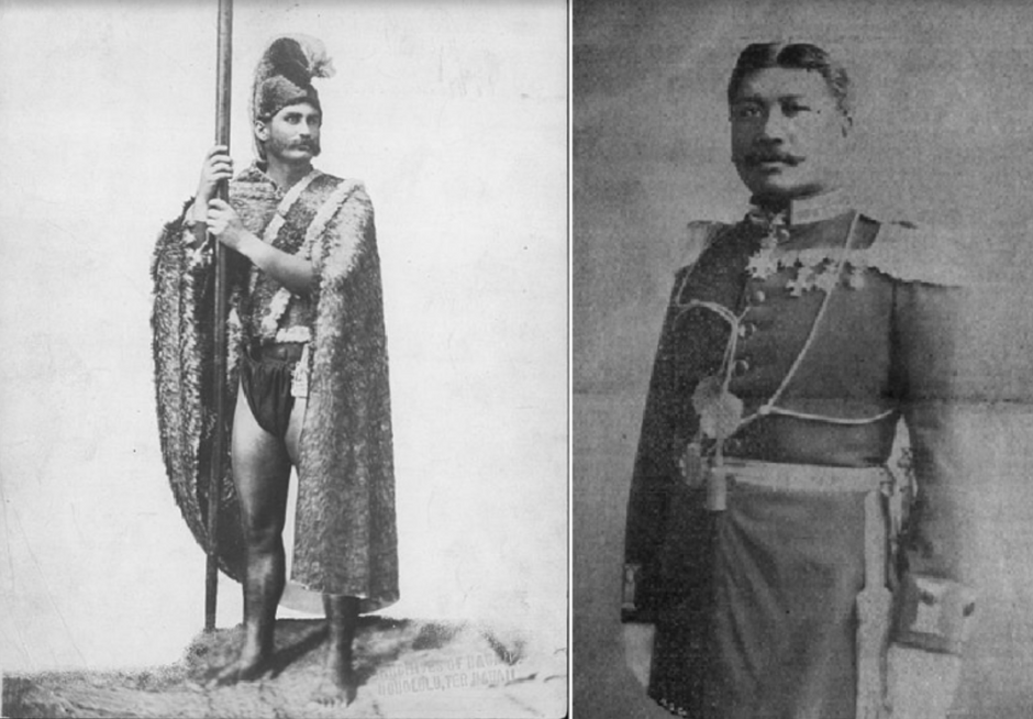 At left, John Timoteo Baker modeling for the Kamehameha statue. At right, Prince Colonel Robert Hoapili Baker, royal governor of Maui. Photos from the Hawaii State Archives