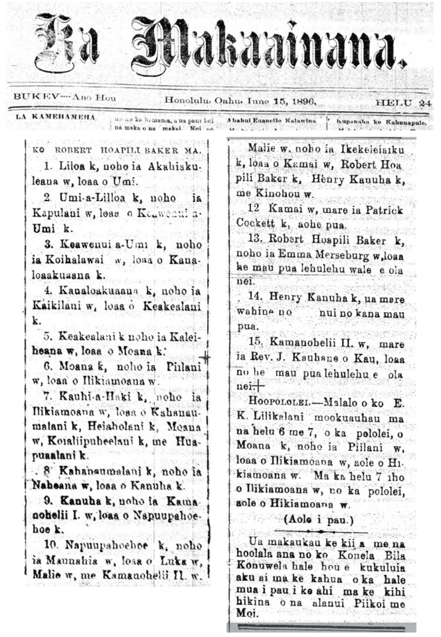 Genealogies of Mo'okua''auhau Ali'i (Hawaiian Chiefs) published in the Ka Maka'ainana newspaper in the year 1896