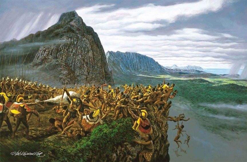 A painting of the famous Nu'uanu Battle by artist Herb Kane